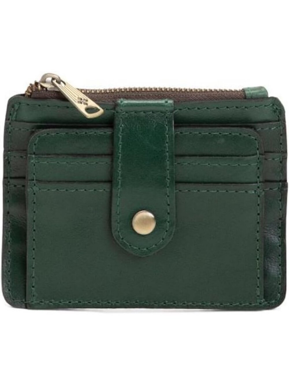 Soft Green Leather ID Card Case Wallet, Snap Button & Zip Closure, Compact Size